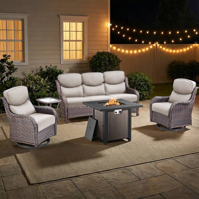 Pocassy 30 In Outdoor Fire Pits with Patio Sofa Swivel Glider Chari Furniture. - Brown Wicker Beige Cushion - 5-Piece Sofa Swivel Chair Table w/ Fie Pit Table
