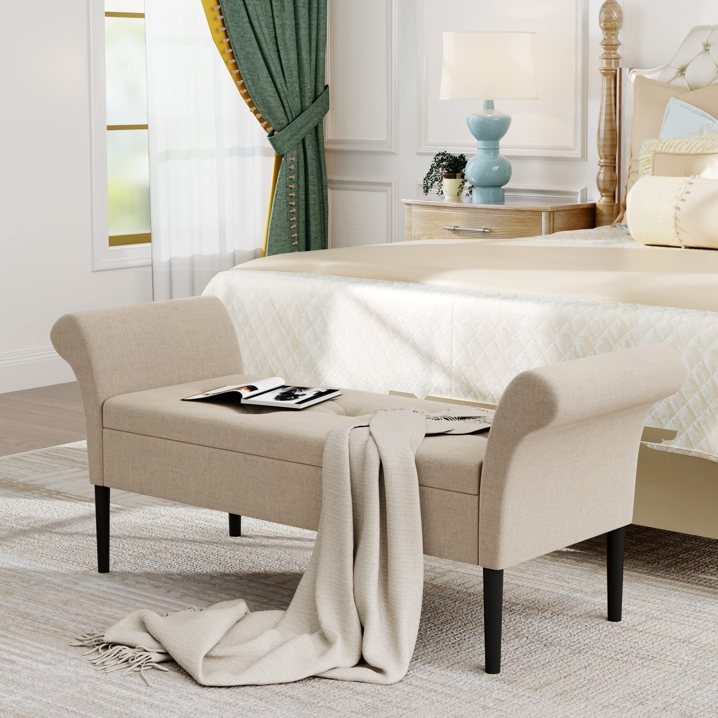 Tufted bench with arms clearance