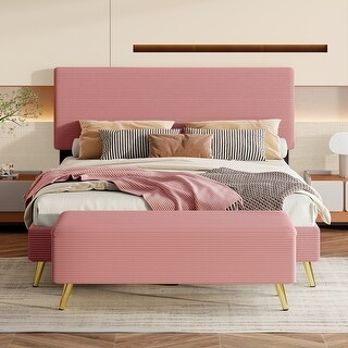 Queen Pink Corduroy Bed with Storage Ottoman
