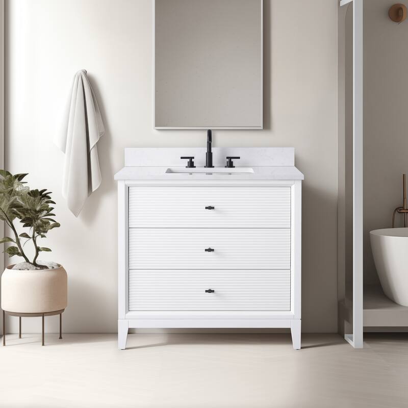 Vanity Art 36" Freestanding Bathroom Vanity with Engineered Marble Top and Sink - 36"/Matte Black - White