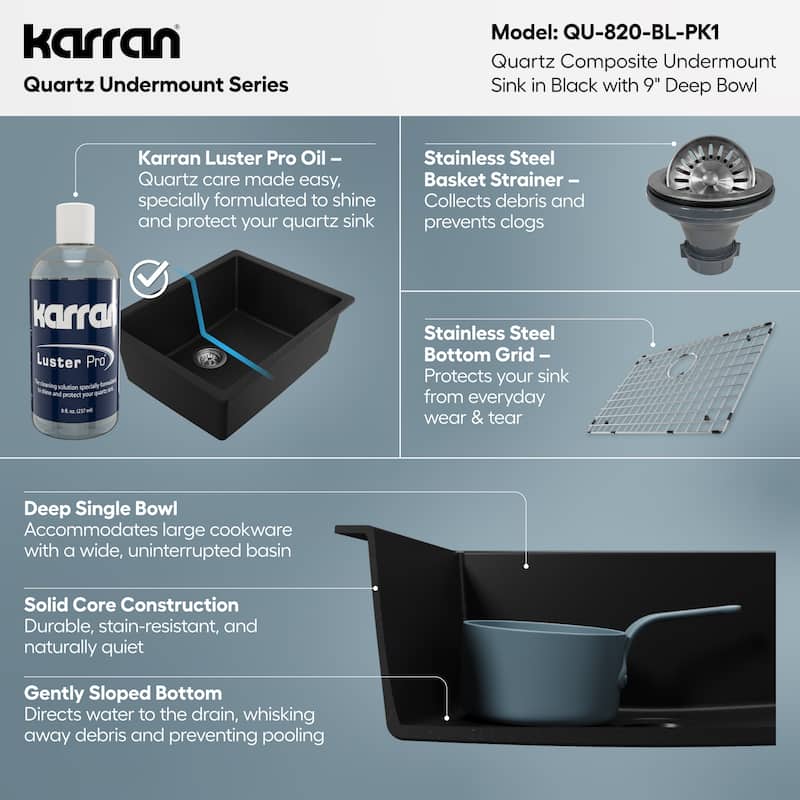 Karran Undermount 24.38 in Single Bowl Quartz Kitchen Sink Kit