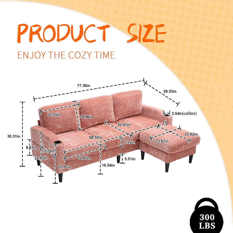 HOMEFUN Chenille Upholstered L-Shaped Living Room Sofa with Storage Ottoman