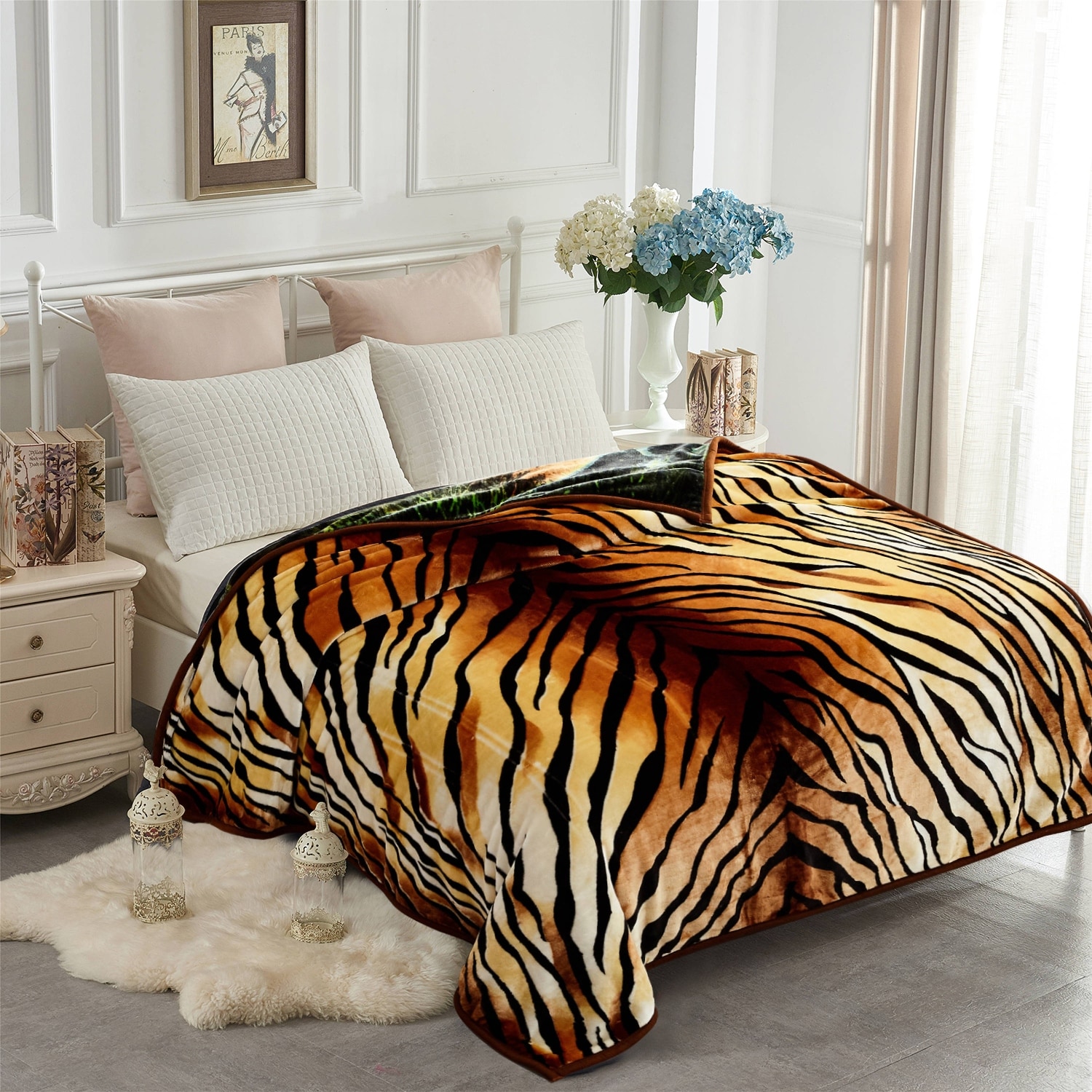 2 Layer King Size Fluffy Chunky Large Raschel Blanket Super Soft Faux Fur Blanket Tiger