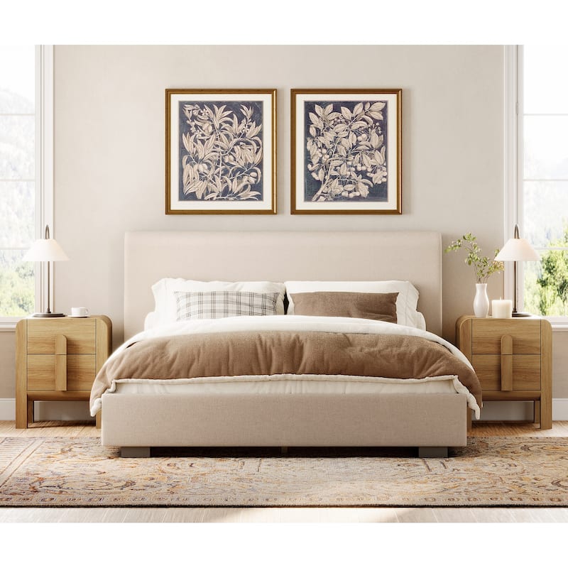WAMPAT Modern Wood Nightstand With 2 Drawers ,Curved Mid-Century End Table With Built-In Charging Station For Bedroom