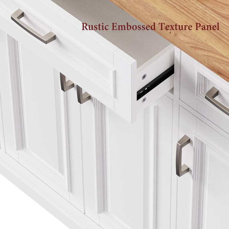 54'' Large Kitchen Island with Rubber Wood Drop Leaf, Embossed Texture Rolling Kitchen Cart on 4 Wheels with 4 Doors & 3 Drawers