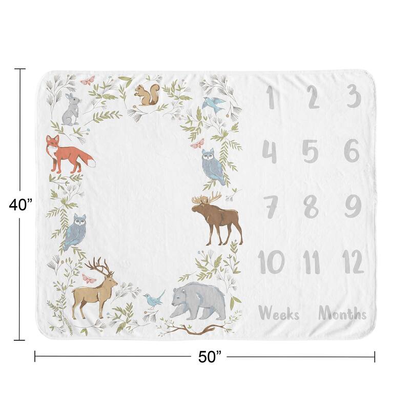 Woodland Animal Toile Boy Girl Baby Monthly Milestone Blanket - Grey Green Brown Forest Bear Deer Fox Owl Bunny Bird Neutral