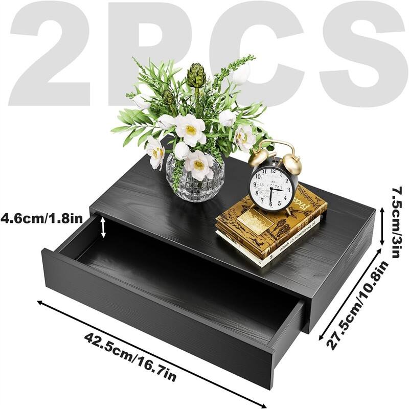 2 Packs Rustic Wood Floating Shelf with Drawer - 10.8"D x 16.7"W x 3"H