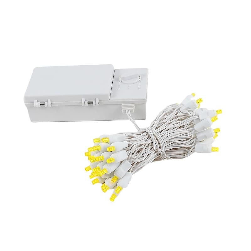 50 Light LED Battery Christmas Mini Light Set, White Wire, 18' Long - Yellow
