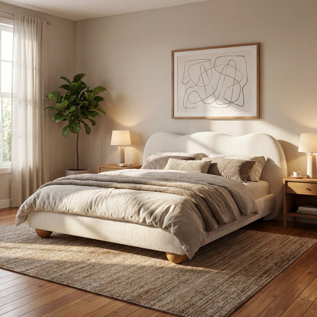 Christopher Knight Home - Modern Boucle Upholstered Platform Bed with Thick Curved Headboard and Solid Wood Legs