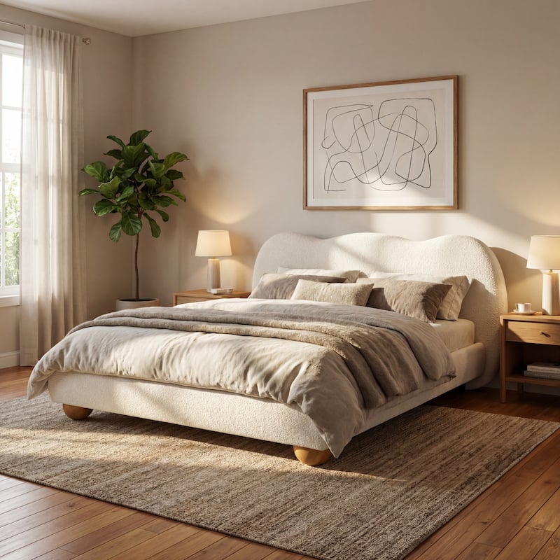 Christopher Knight Home - Modern Boucle Upholstered Platform Bed with Thick Curved Headboard and Solid Wood Legs - Off White - Queen