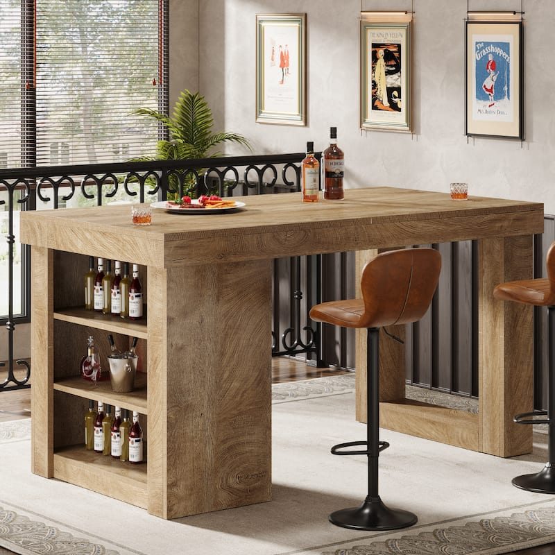37.4" Tall Bar Table with Storage Shelves, Rectangular Counter Height Dining Table, Wood Pub Table for Home Bar, Kitchen
