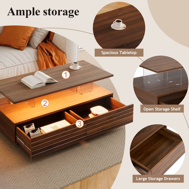 Modern White Rectangular LED Lights Coffee Table with 2 Drawers