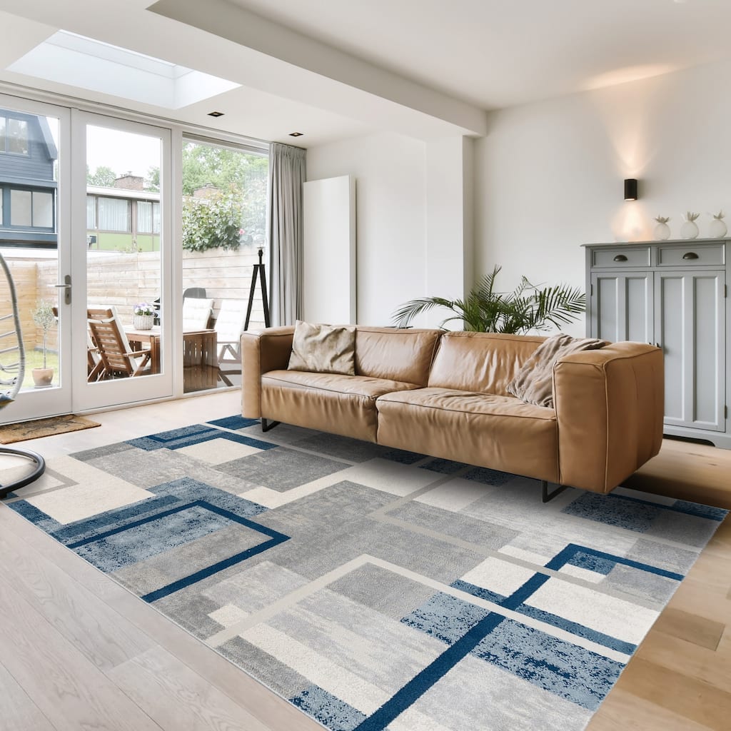 Gertmenian Ethan Squared Up Modern Geometric Blue High Low Indoor Area Rug