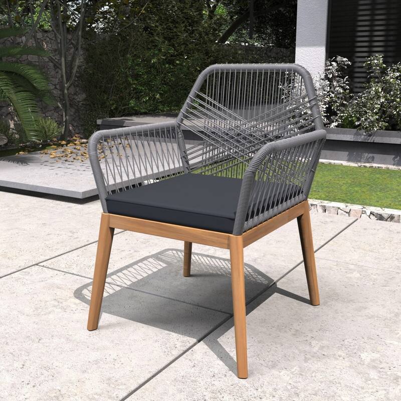 Modern Outdoor Acacia Wood Chair with Premium Cushion for Patio（A Set of Two Chairs） - Dark Grey