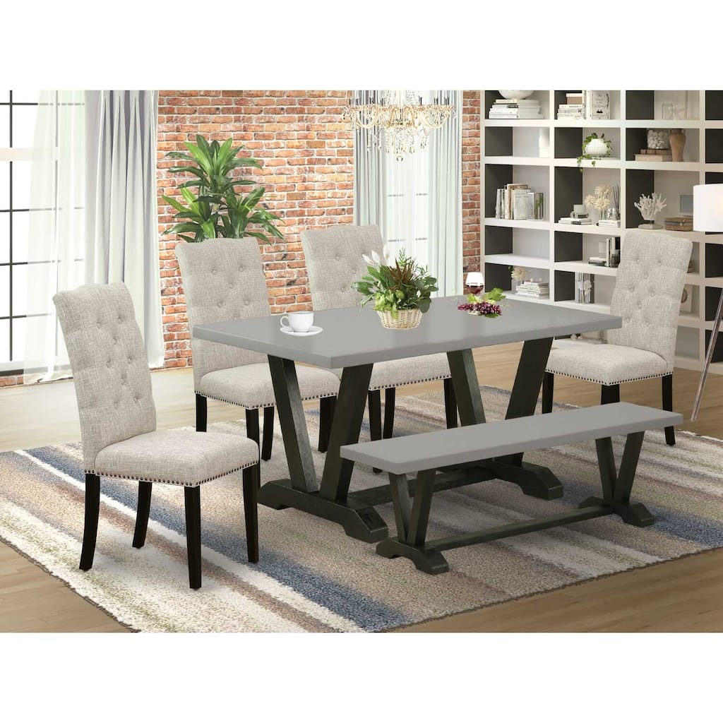 HomeStock 6-Pc Rectangle Natural Oak Finish Solid Wood Top Dining Table with 1-Bench, 4-Chairs