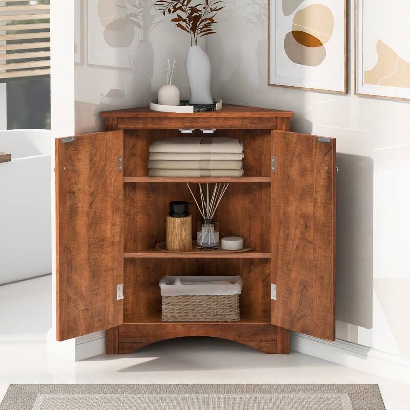 Triangle Bathroom Freestanding Storage Cabinet with Adjustable Shelves - Brown