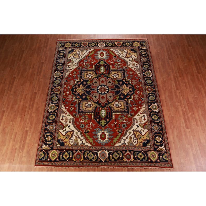 Geometric Orange Heriz Serapi Oriental Rug Hand-Knotted Wool Carpet - 9'0" x 11'10"