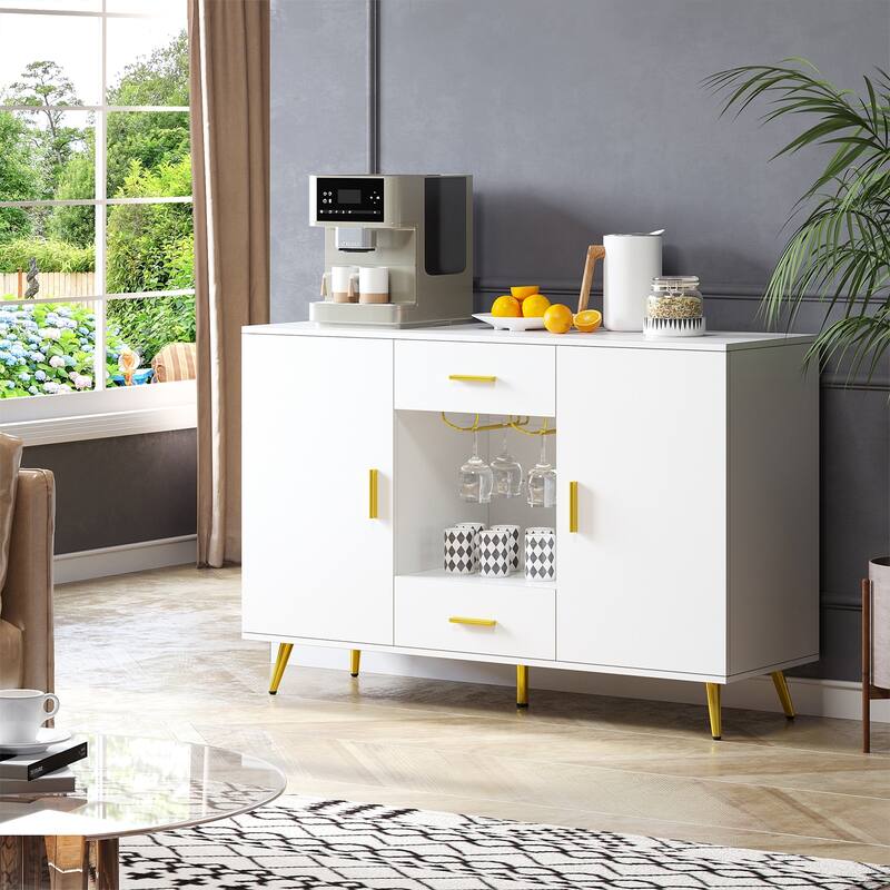 Modern Wood Buffet Cabinet Sideboard Buffet with Storage Adjustable Shelf Wine Glass Holder