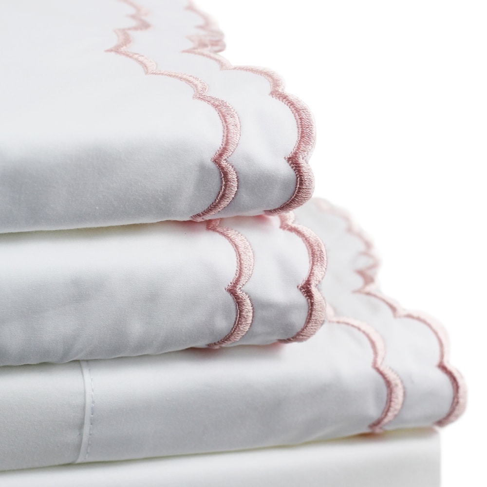Percale Cotton Double Scalloped Embroidered Crisp Sheet Set