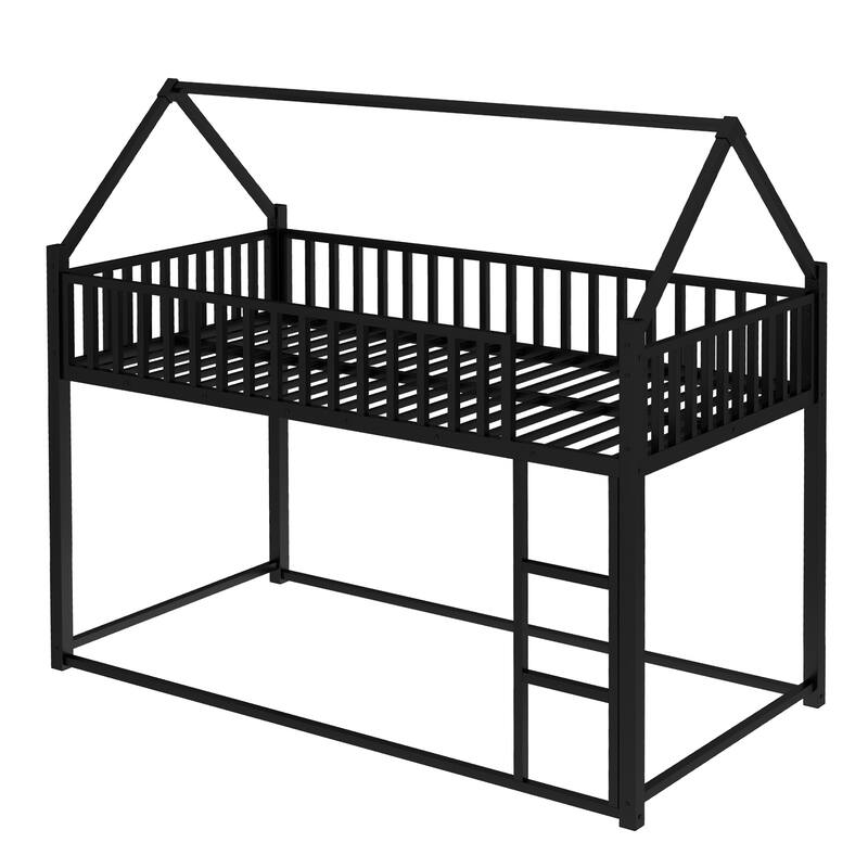 Roomfitters Metal Twin House Bed Frame with Guardrails & Detachable Slats, Convertible Floor to Loft Design, Black