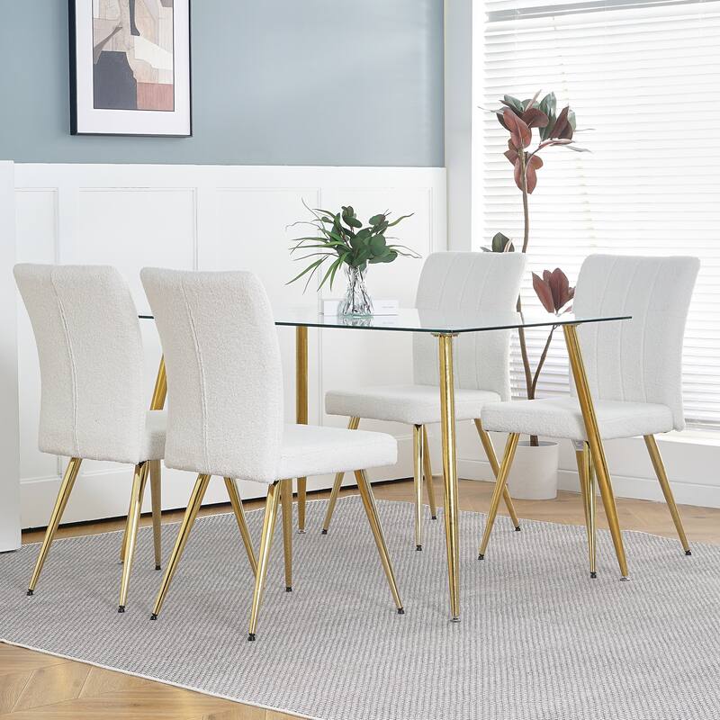 Modern Black Teddy Wool Dining Chairs Set of 4, Upholstered Chair with Fabric Accent Side Chair, Side Chair with Gold Metal Legs