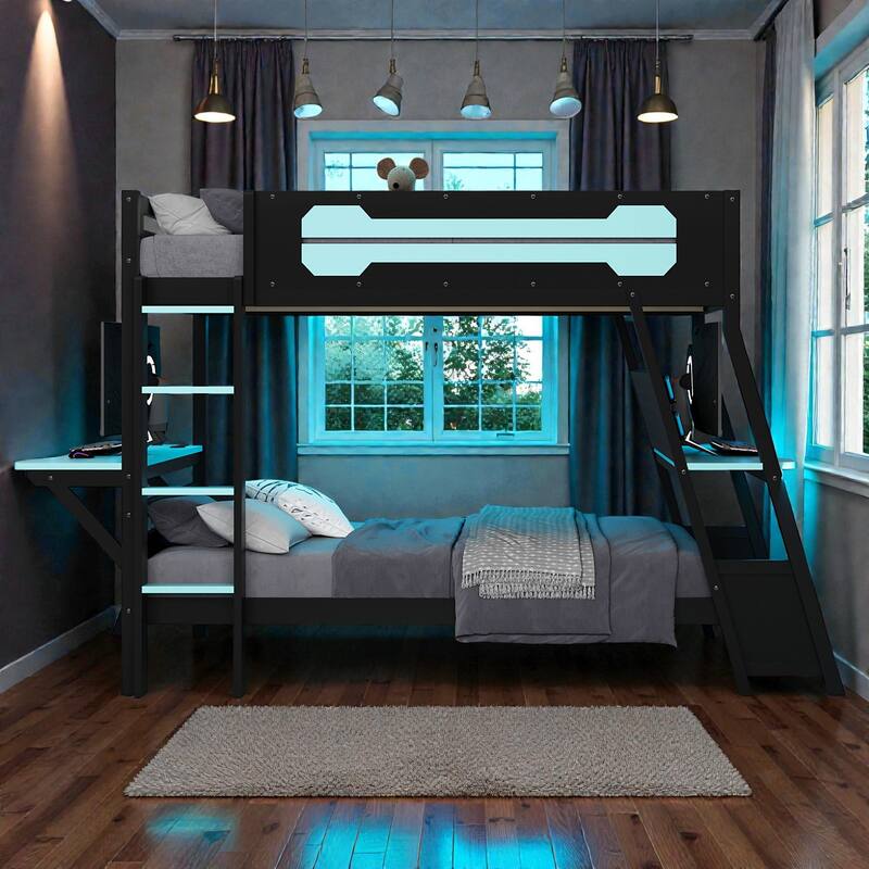 Twin/Full Gaming Bunk Bed with Dual Desks, USB Charging Ports and Pegboard Organizer, Gamer Bunk Frame