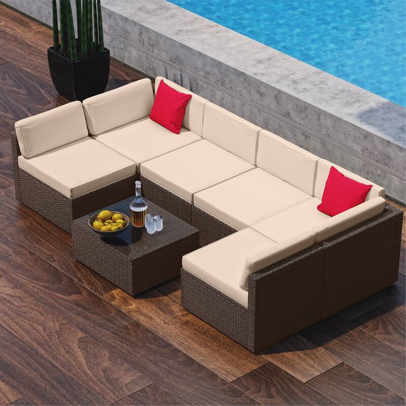 Nestl 7 Piece Wicker Patio Furniture Set - Outside Patio Conversation Sets with Patio Sectional - Brown Wicker / Beige Cushions