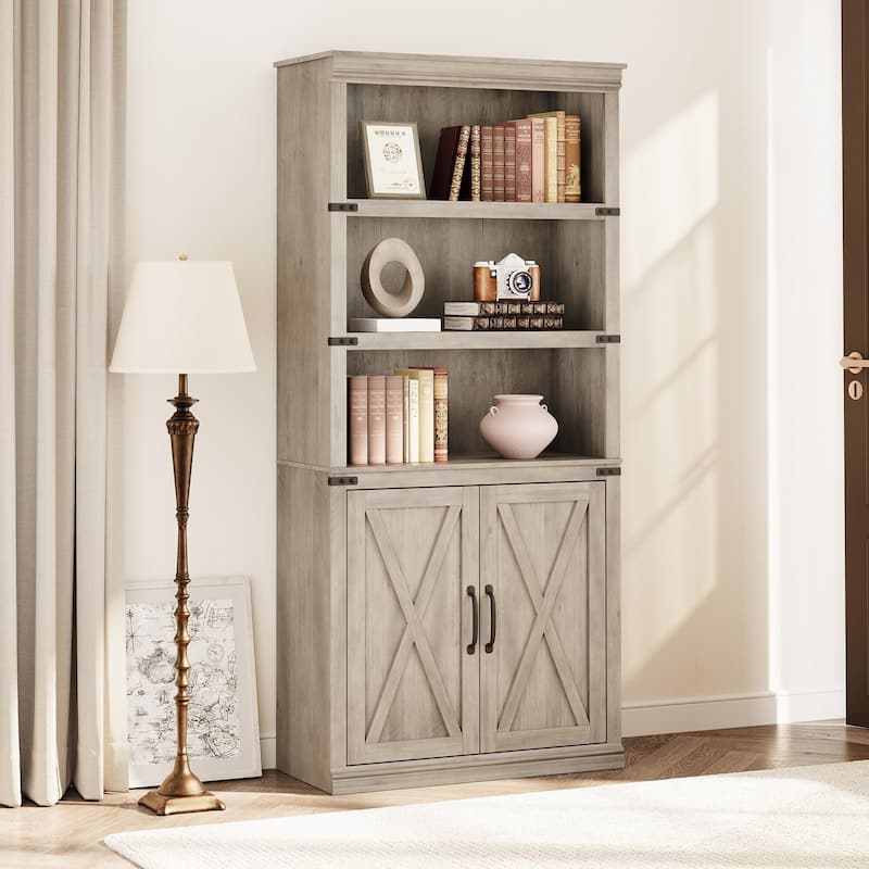 Book Shelf with Door, 5 Tier Wooden Book Case with Storage, 68.7" - Grey - 31.5inch