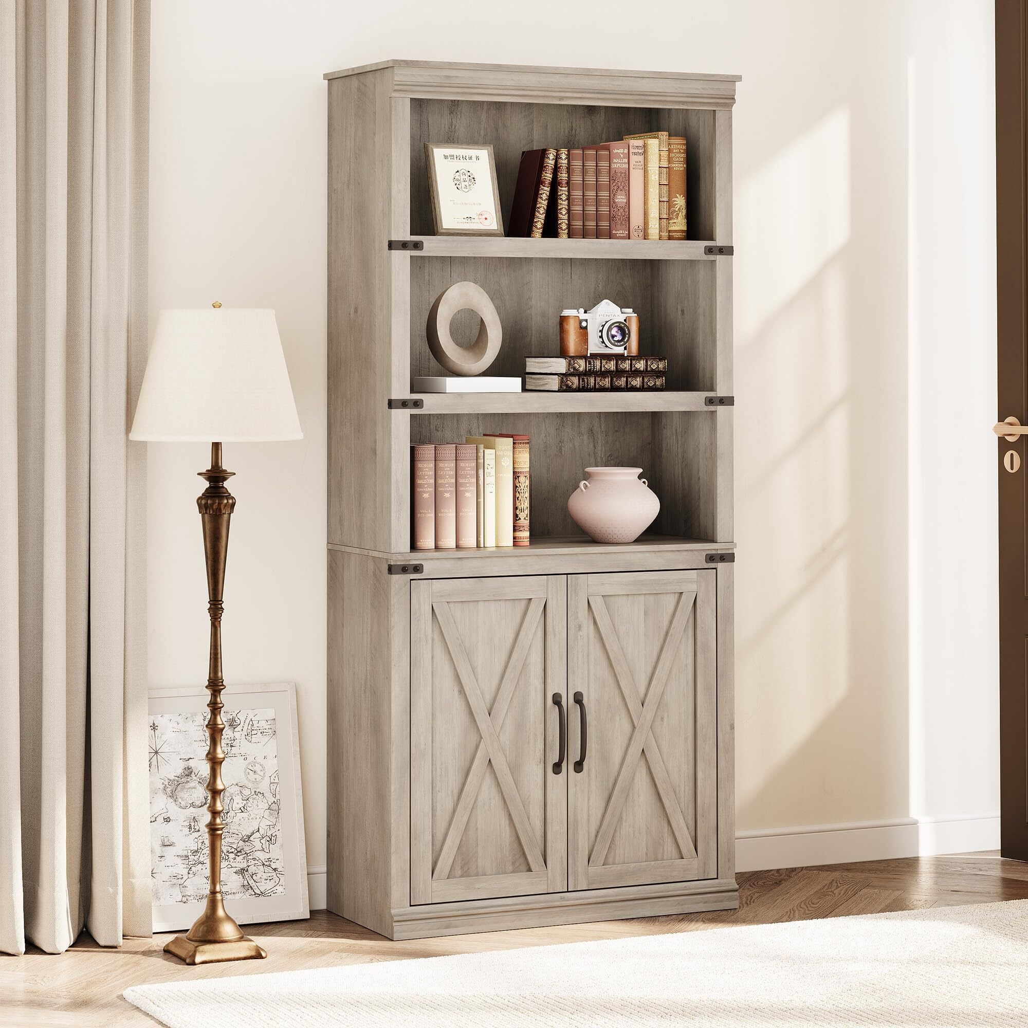 Compact 5 Tier Bookcase, Farmhouse Wood Bookshelves with Open