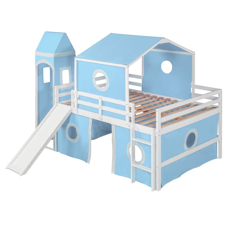Full/Twin Size Loft Bed with Slide, Pink Tent, Tower, Playhouse Design - Sturdy Solid Wood Construction, Storage Space