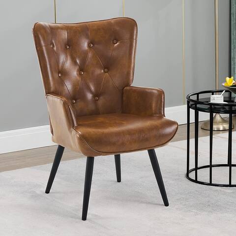 Mid Century Modern Accent Chair Button Wingback, Reading Chair with Arms Tall Back Desk Chair with Black Metal Legs
