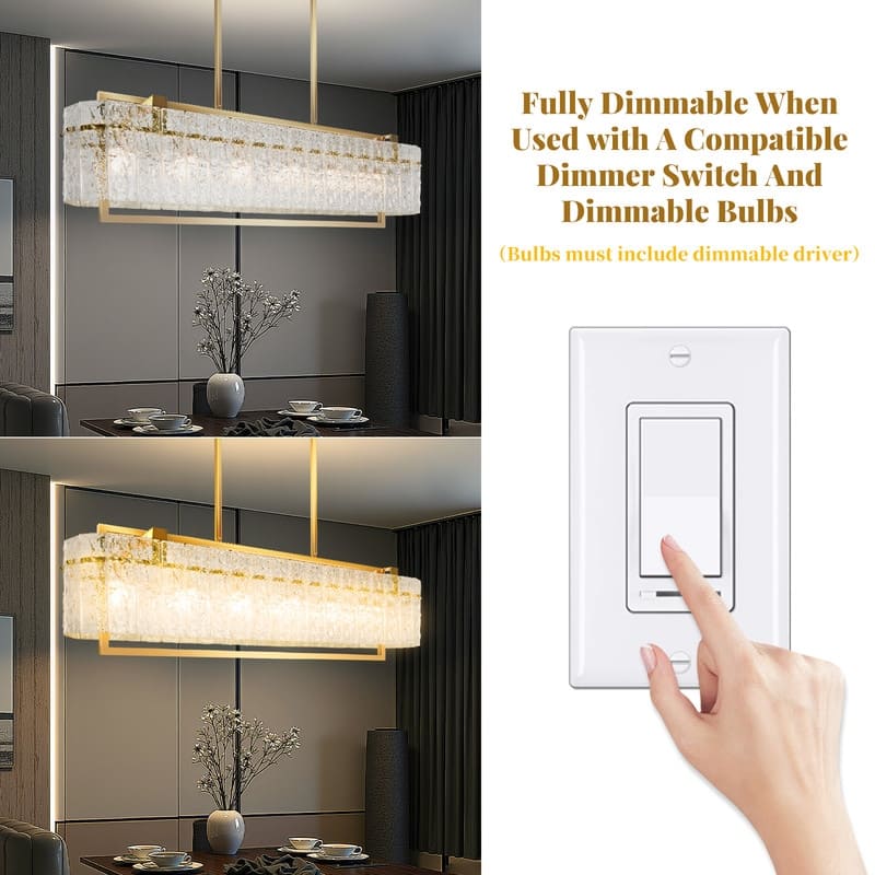 6 lights Rectangle Gold Crystal Chandeliers for Dining Room, 39" Large Linear Water Ripple Glass Island Light Fixture