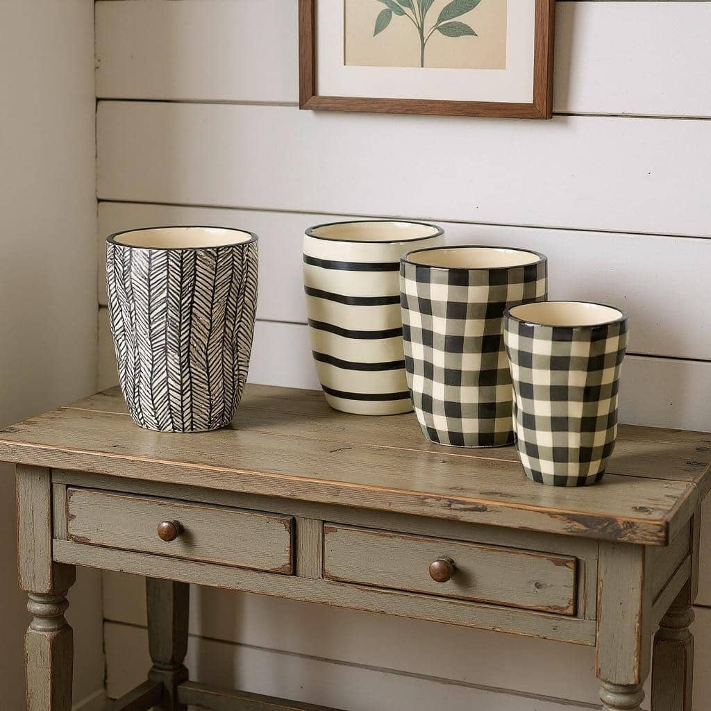 HomeRoots Set of Six Black And Ivory Ceramic 2 Ounce Geometric Round Pot Planters - 3.75 in. x 5.00 in. x 3.75 in.