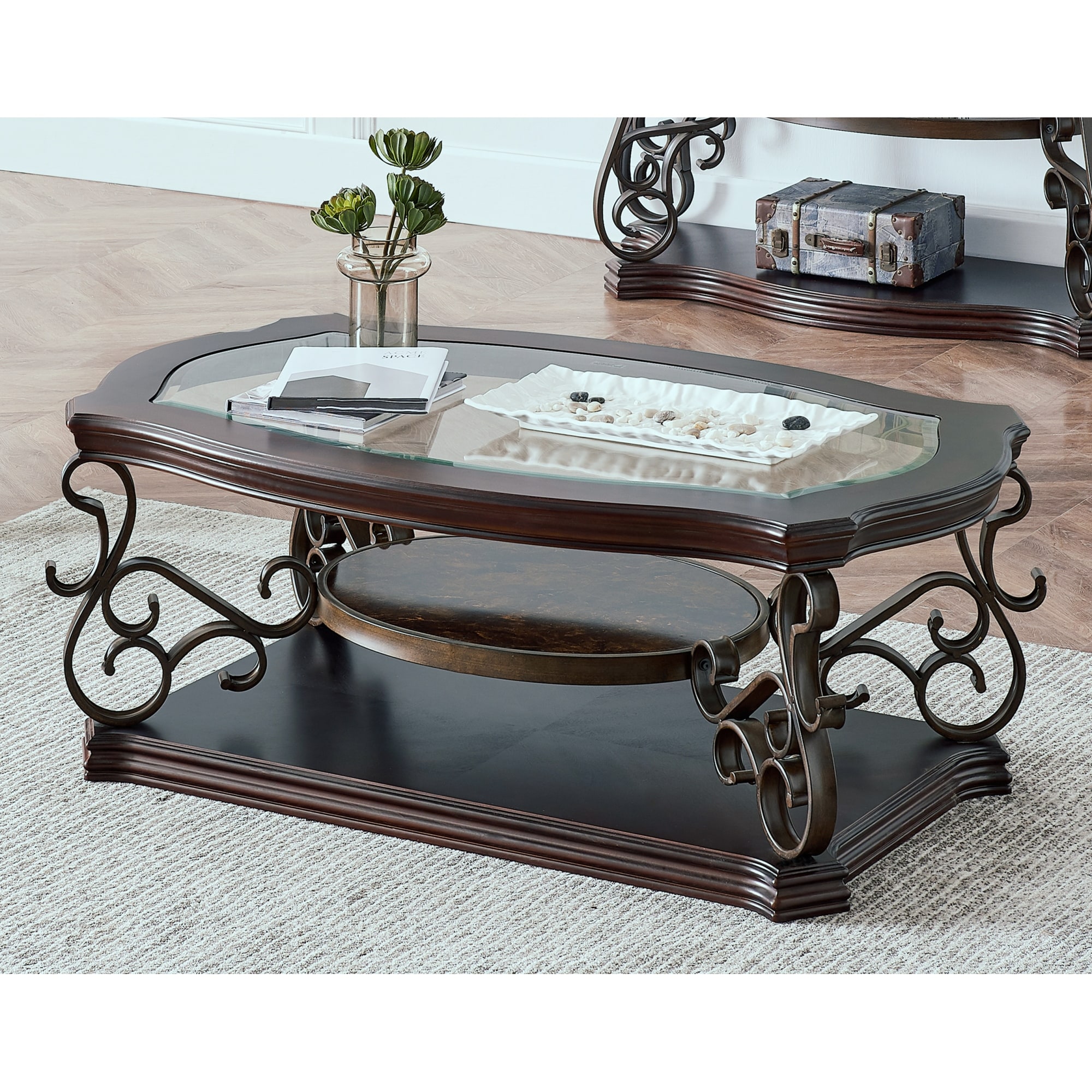 Roomfitters Modern Cocktail Table with Glass Top, Faux Marble MDF Shelf and Metal Legs, Living Room Coffee Table, White