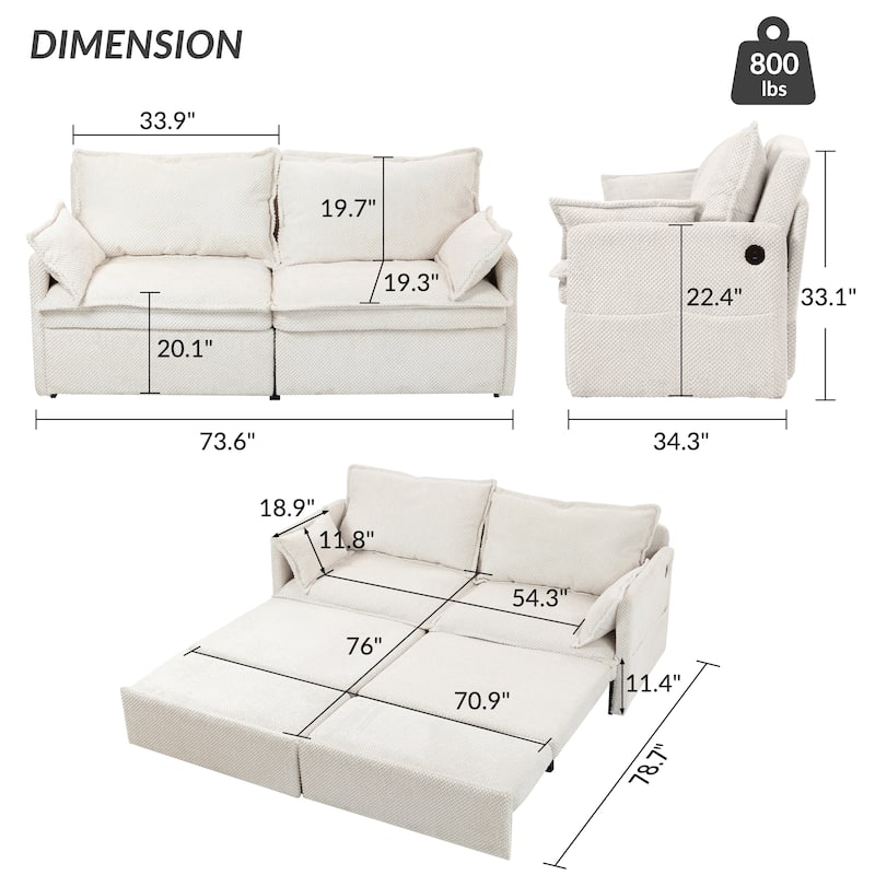 GDFStudio - Harper Lane Corduroy Convertible Sofa Bed with USB Charging & Side Storage for Cozy Apartment Living