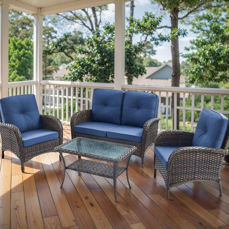 Patio Wicker Chair with Loveseat Coffee Table - Brown - Blue