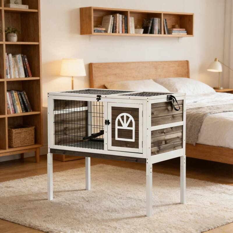 Spacious Pet House,Wood Rabbit Hutch is designed for convenient cleaning - Coffee,White - Coffee,White