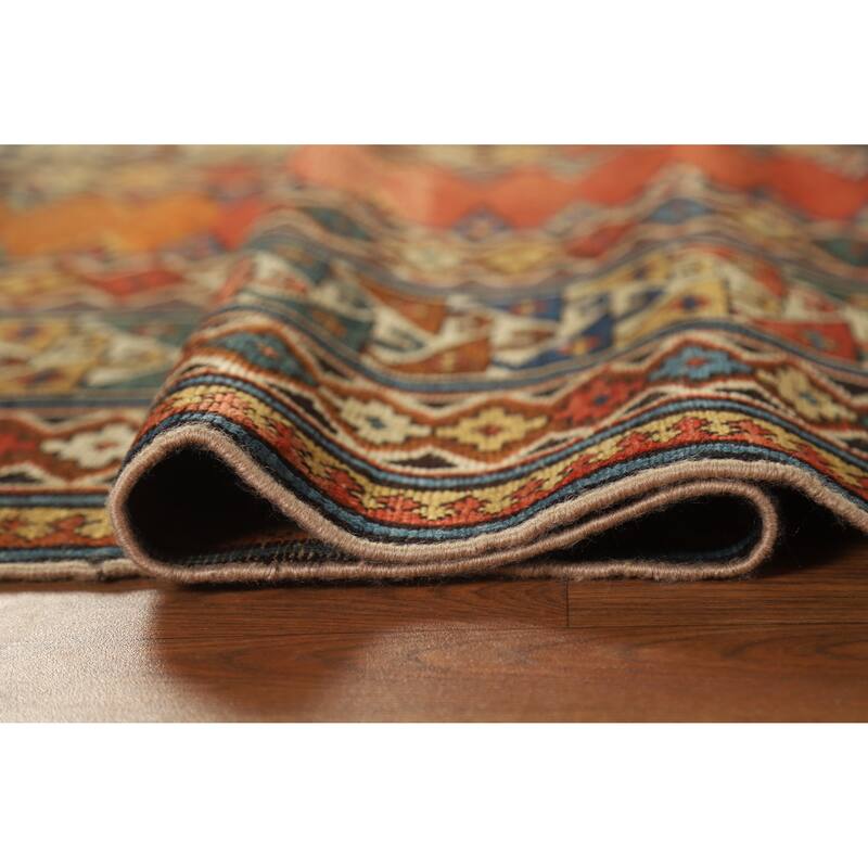 Hand Knotted Oriental 100% Wool Carpet Traditional Geometric Oranges & Rust Kazak Area Rug - 8' 4'' X 3' 6''
