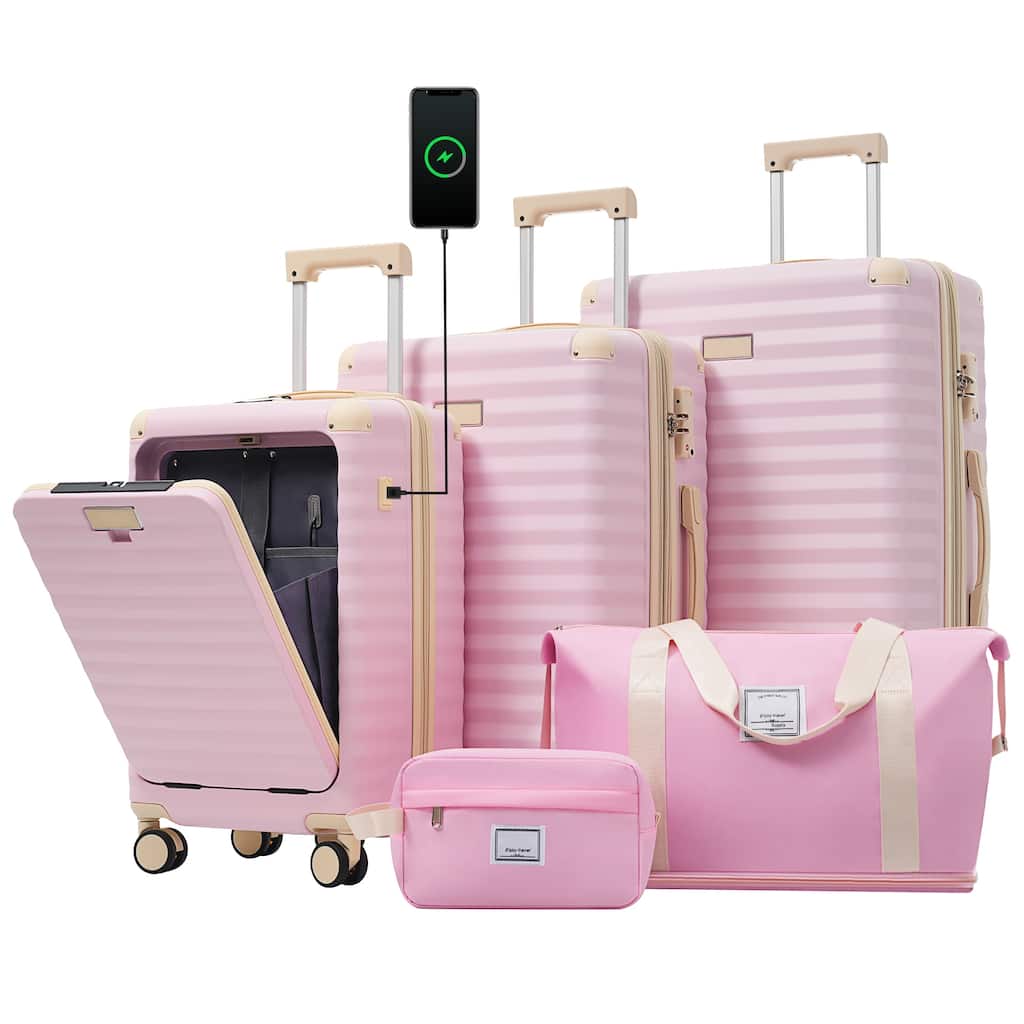 Luggage Sets 5 Piece with Front Opening, Hardside Expandable Carry on Suitcase with Spinner Wheels TSA Lock USB Port Cup Holder