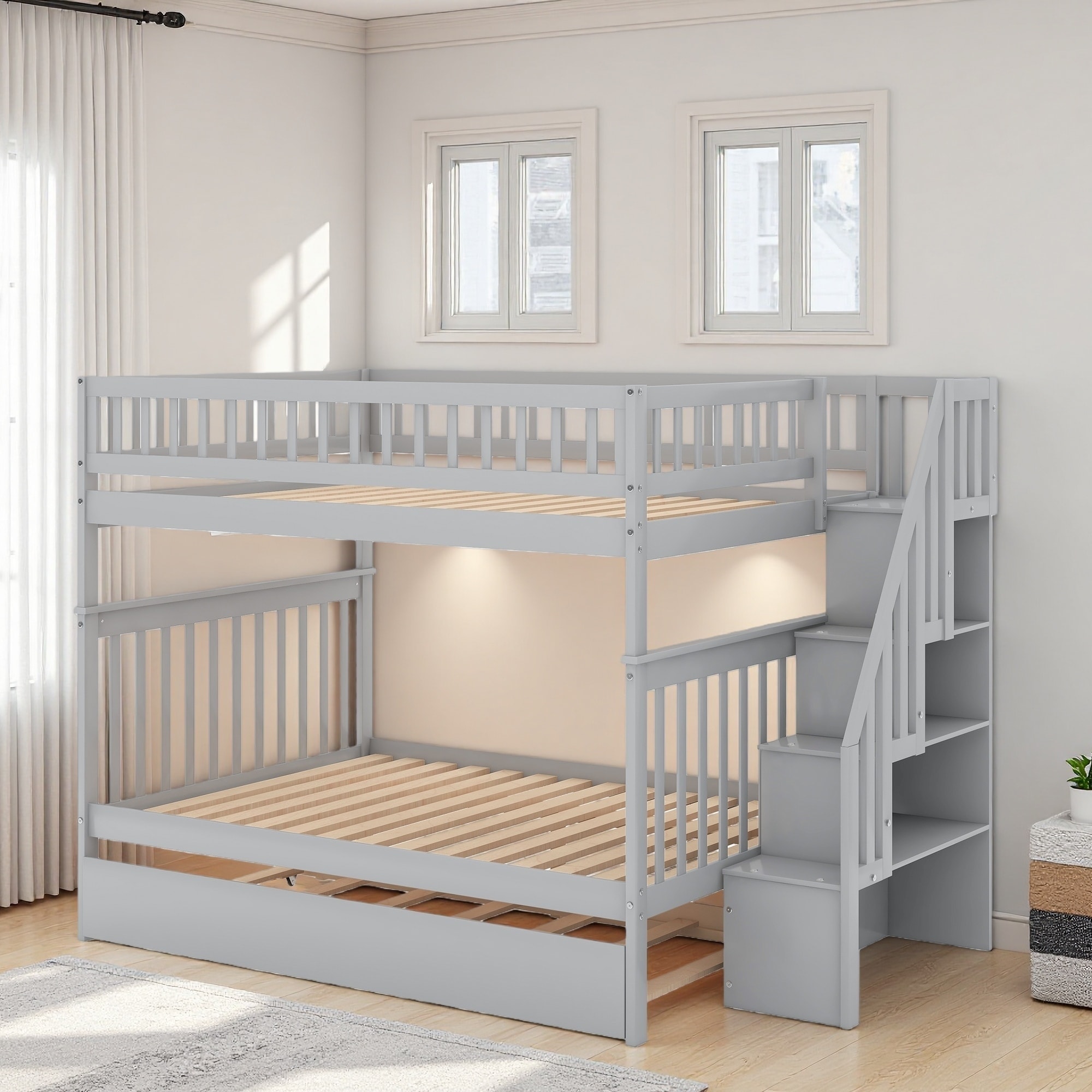 Full over Full Pine Bunk Bed with Twin Trundle & Storage Staircase