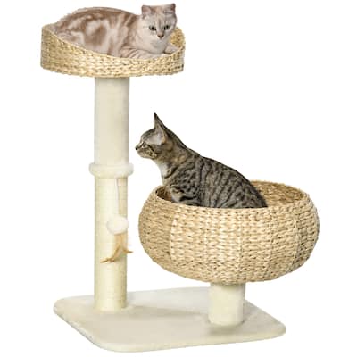 PawHut 28" Elevated Cat Bed with Sisal Scratching Post for Indoor Kitties, Modern Cat Tree with Cute Basket Design