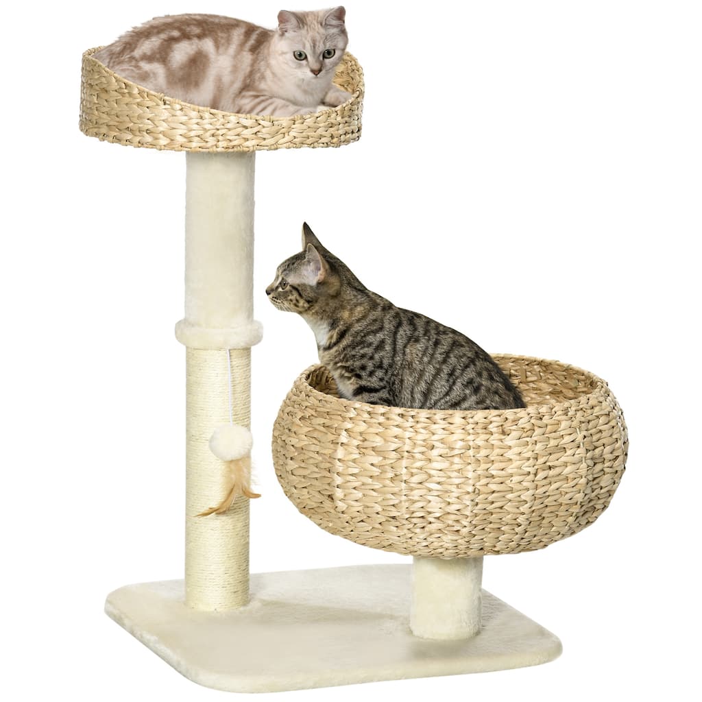 PawHut 28" Elevated Cat Bed with Sisal Scratching Post for Indoor Kitties, Modern Cat Tree with Cute Basket Design