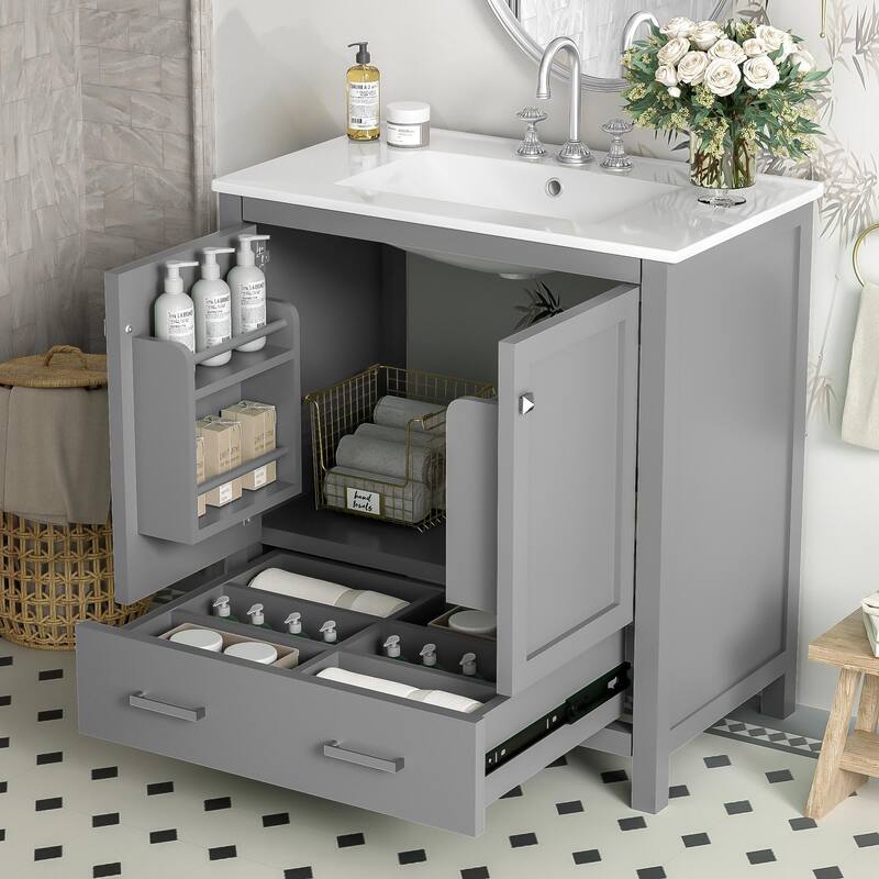 Bathroom Vanity with Single Sink, Bathroom Storage Cabinet with 2 Doors and 1 Drawer, Bathroom Vanities with Solid Wood Frame - Gray