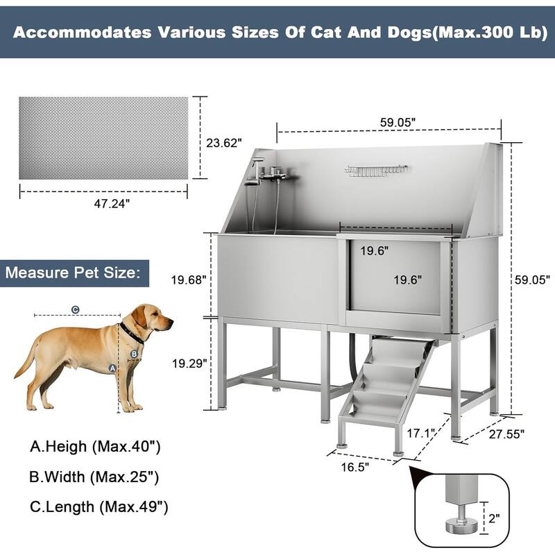 62" Dog Washing Station, Professional Stainless Steel Dog Bathing Station