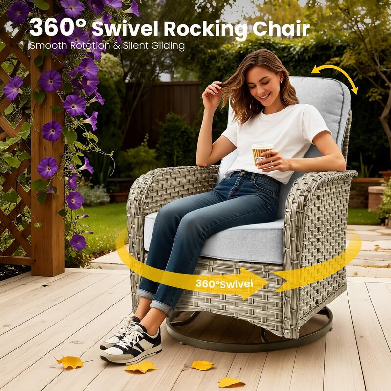 HOOOWOOO 9-piece Wicker Outdoor Furniture Patio Sofa Swivel Chair Set with Fire Pit Table