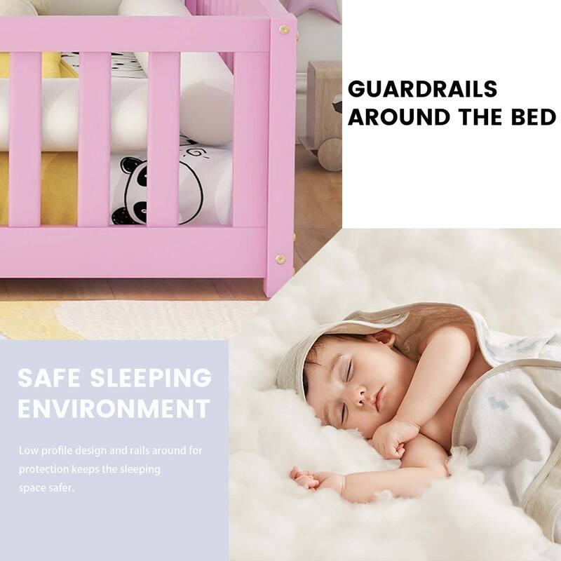 Twin/Full/Queen Size Floor Bed with Safety Guardrails for Kids, Wood Montessori Bedframe w/ Door, Children's Noiseless Beds