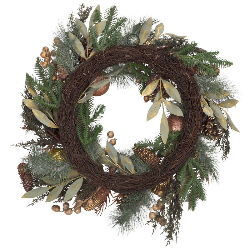 SAFAVIEH Home Faux 28-inch Needle Pine Wreath With Gold Accents Acorns & Ornaments