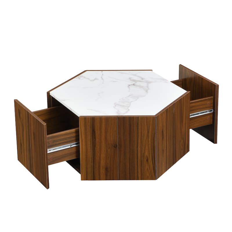 Hexagonal Coffee Table with 2 Hidden Drawers and Textured Marble Tops