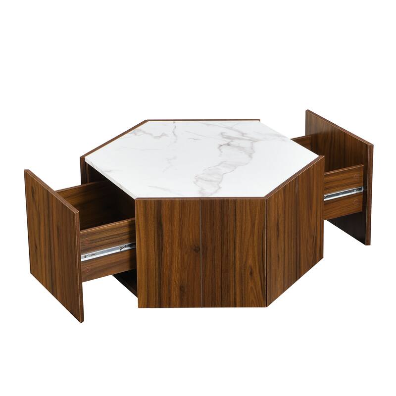 Hexagonal Rustic Retro Wood Coffee Table, with 2 Hidden Drawers, Textured White Marble Tops,Walunt Oak Finish - Perfect