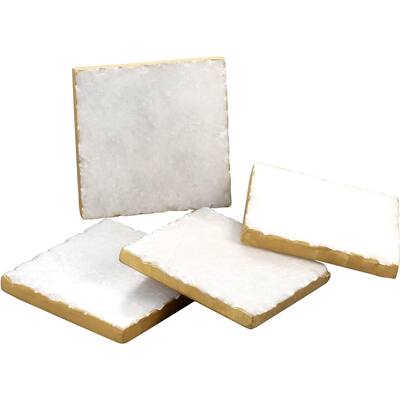 Square White Marble/Gold Edged Coasters, All Natural Stone, Non-Slip Foam Backing, Drink Absorbent & Protects Table, Set of 4